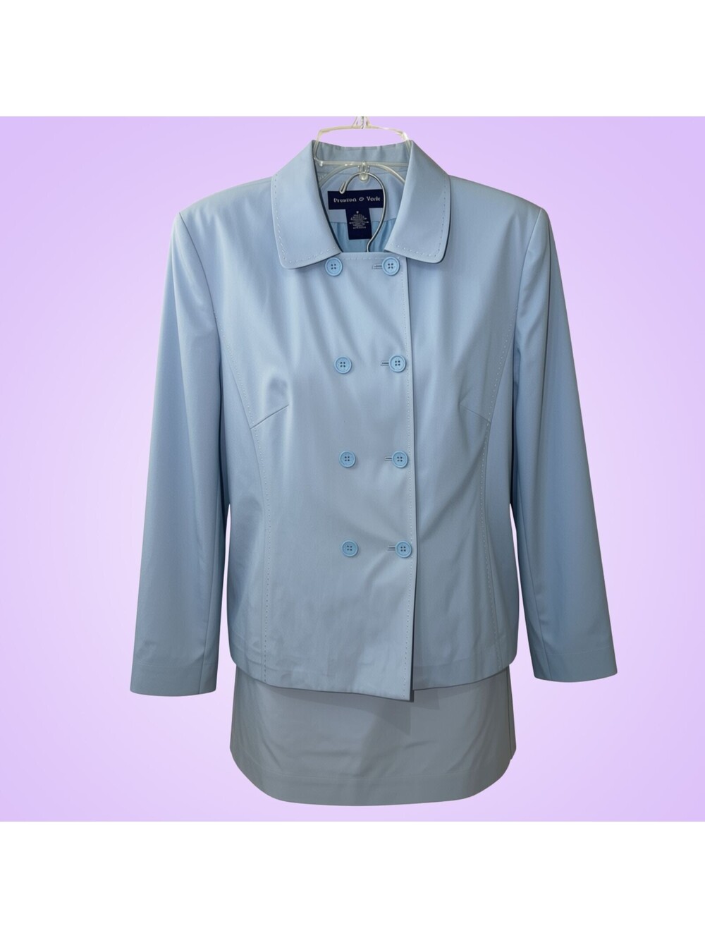 Preston & York Blue Silk Cotton Double Breasted Jacket Skirt Suit Size 8